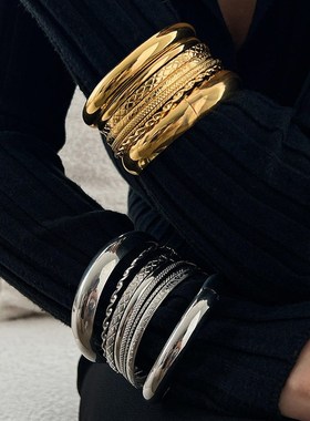 跨境欧美手镯复古小众t光面手环套装 夸张蛇皮螺纹手饰品