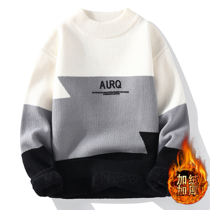 男士毛衣一体绒冬季加绒加厚2024新款青少年学生保暖Y针织衫男线