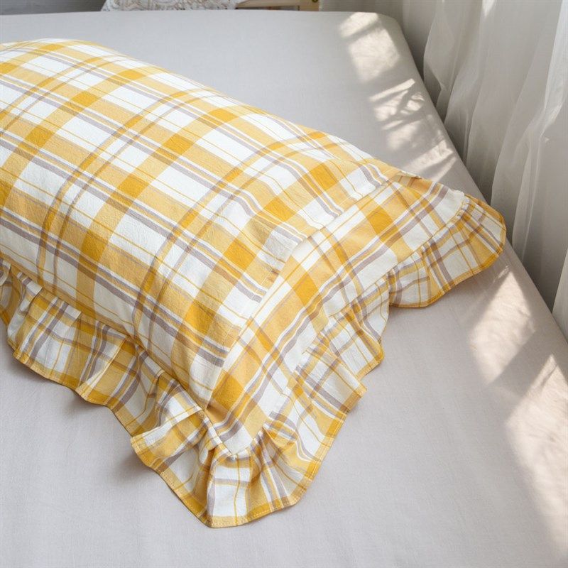 清新复古黄色纯棉格子荷叶边枕套一对G单人全棉枕头套韩式木耳花