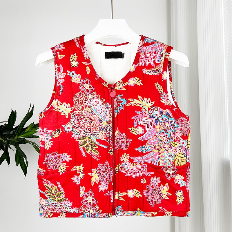 冬季加绒花马甲女士短款保暖羽绒C棉坎肩妈妈大码弹力牛奶丝棉背