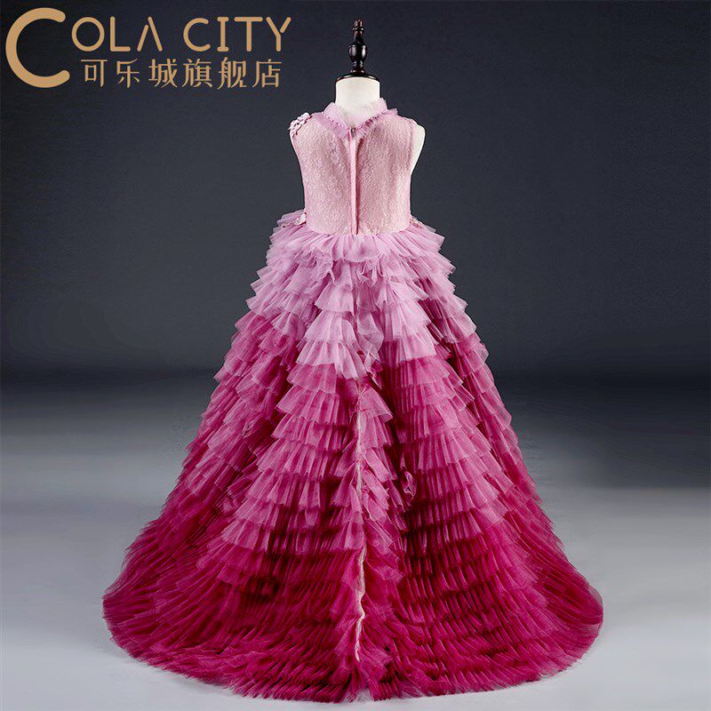 儿童礼服女童公主l裙拖尾高端秋冬新款粉色礼服T台走秀钢琴演出服