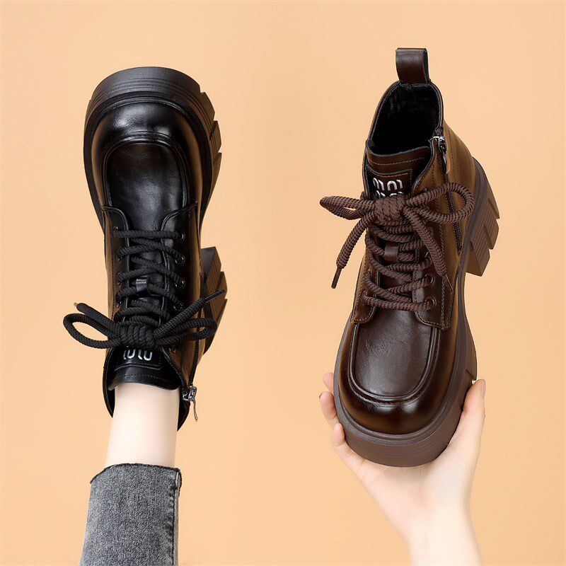 小个子增高英伦炸街短靴女2024B冬季新款粗跟时尚显脚小薄绒马丁