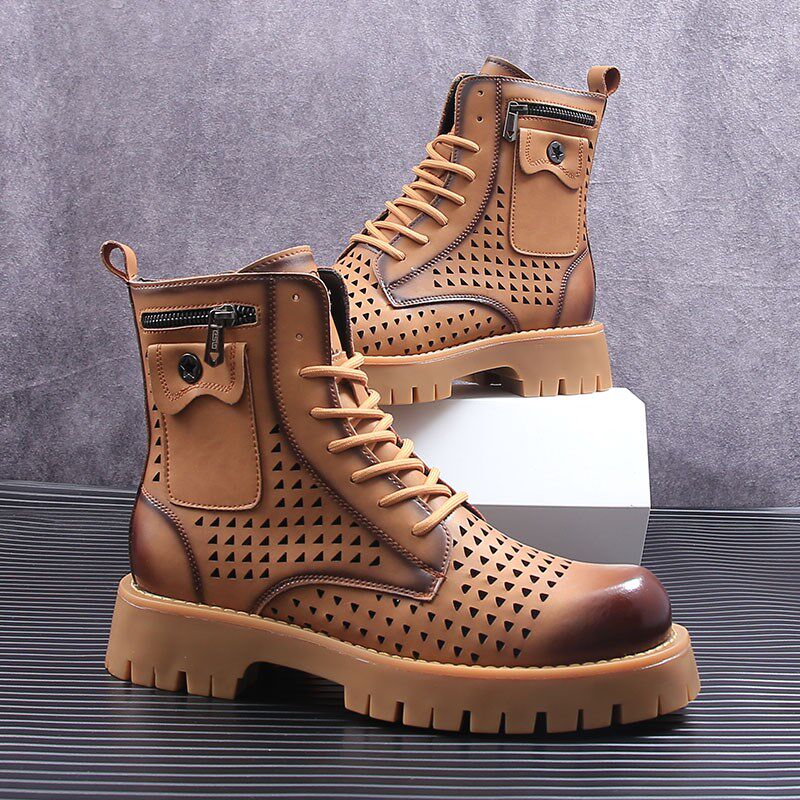 2024夏季镂空马丁靴男款透气短靴厚底高帮皮鞋个性V中筒帅气机车