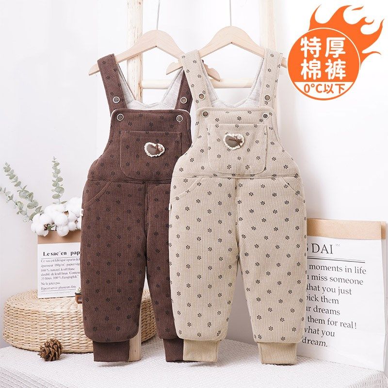 秋冬季男女宝宝背带裤加厚棉绒小月龄儿童冬天外穿背带棉裤可开裆