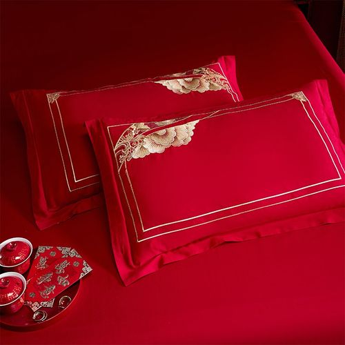 中式婚庆床上全棉四件套牡丹刺绣被套大红色婚房床单纯棉结婚床品