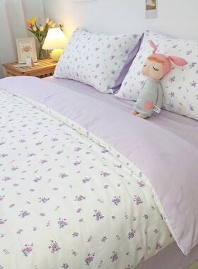 全棉紫色小清新碎花被套单件100简约田园风200x230单双人被罩