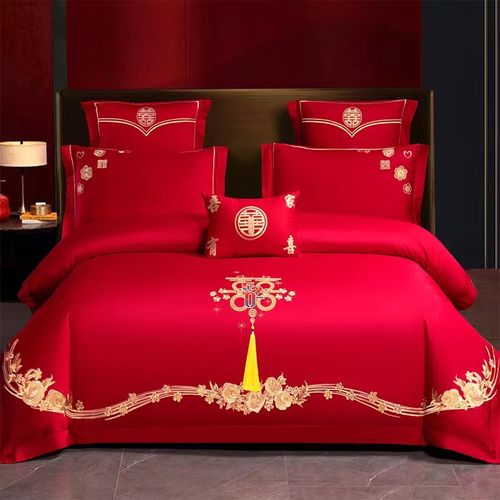 简约现代婚庆套件全棉长绒棉刺绣四件套婚嫁大红色被套床单床盖