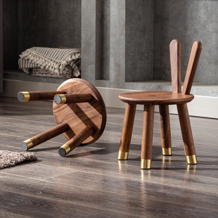 实木凳子家用木板凳客厅方凳小圆凳换鞋凳北美黑胡桃木.儿童矮凳