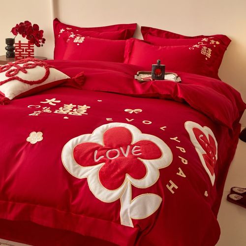 中式结婚四件套喜庆大红色刺绣被套床单陪嫁婚庆床上用品