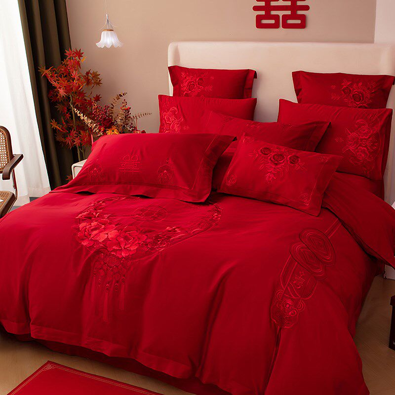 新郎新娘床上四件套大红色刺绣全结婚庆被套床单中式婚礼床品