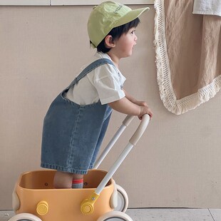 爆款韩系婴幼儿童夏季哈q衣套装男女宝宝薄款T恤牛仔背带裤二件套