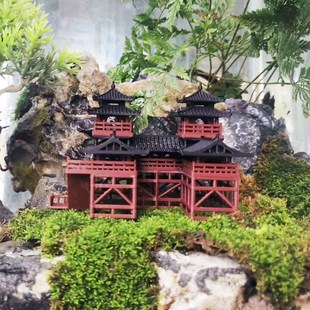 中式双子楼阁悬空寺古建筑假山造景小摆件水陆鱼缸鱼池盆景微景观