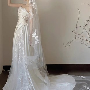 设计新款韩版气质仙女头纱长款单层三米拖尾造型立体蕾丝花朵头纱