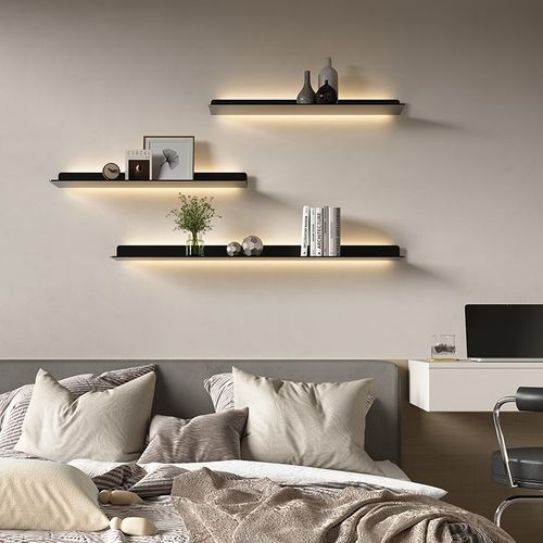 现代简约墙上置物架发光一字隔板商品展示架客厅背景装饰卧室书架