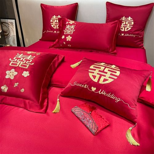 新婚庆四件套大红色全棉刺绣结婚房喜被套六八十件套床上用品