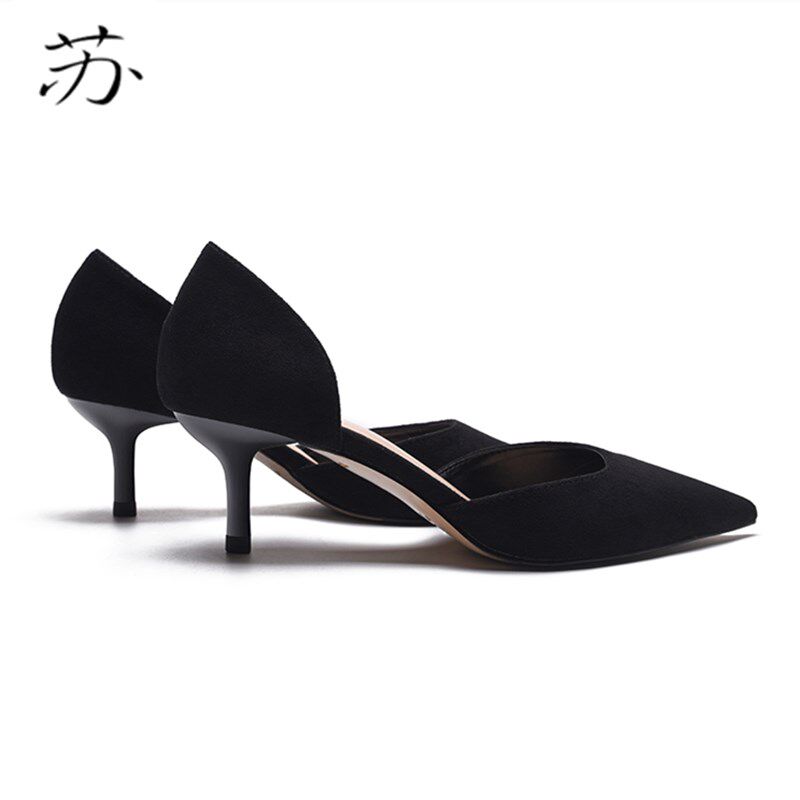 苏社交 高跟鞋女细跟黑色5cm酒店职业鞋面试裸色中空尖头中跟单鞋