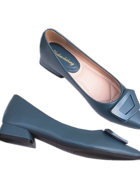 尖头粗跟女单鞋气质2024新款夏季百搭平底瓢鞋软底黑色平跟工作鞋