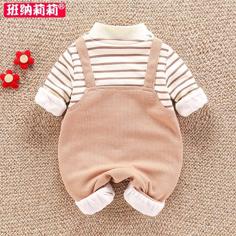 超萌婴儿服秋装新生宝宝假两件连体衣春秋季满月百天外出哈衣爬服