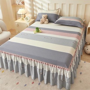 简约风亲肤单件床裙款 条纹带裙边全棉防滑12m宿舍床罩套 韩版
