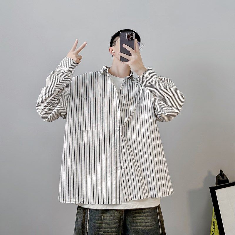 PGUP秋季新品袖子拼接条纹长袖衬衫男细条纹P基础款宽松百搭衬衣