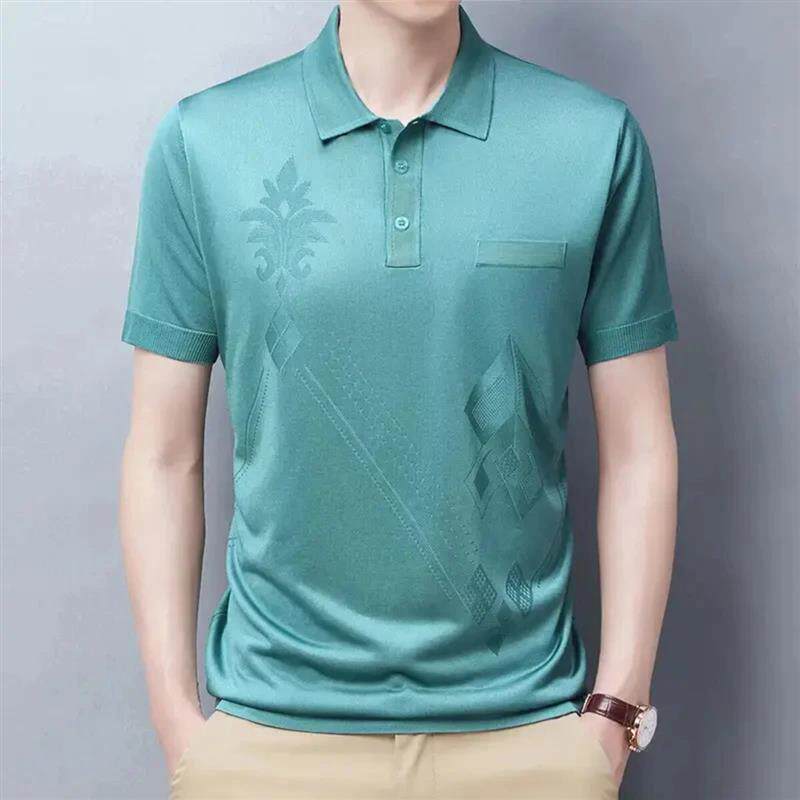 幸内服饰夏季冰丝短袖T恤男薄款滑料亮丝L体恤针织polo衫男士翻领