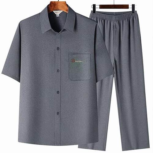 方元名品3夏季冰丝薄款男士套装中老年人短袖衬衫宽松民族两件套