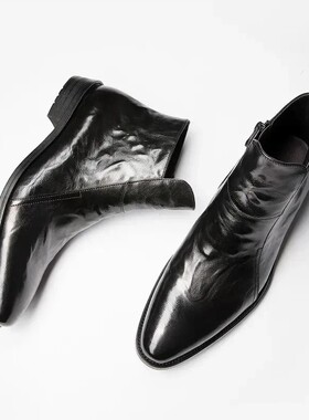 狮傲康巨家居专卖冬季男士切尔西靴复古尖头高筒皮鞋英伦中筒靴子