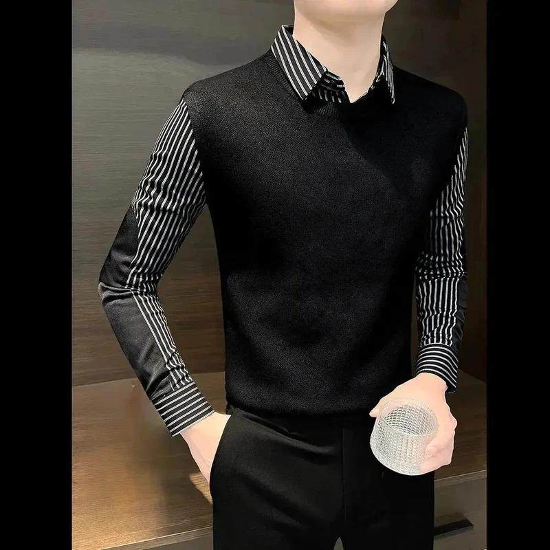 优品轻奢欧货假两件衬衫男款长袖爆款新款冬季保暖针织男打底衫