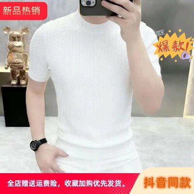 泽衿服饰男士春夏时尚潮流半袖打底衫男装圆领提花短袖针织衫T恤