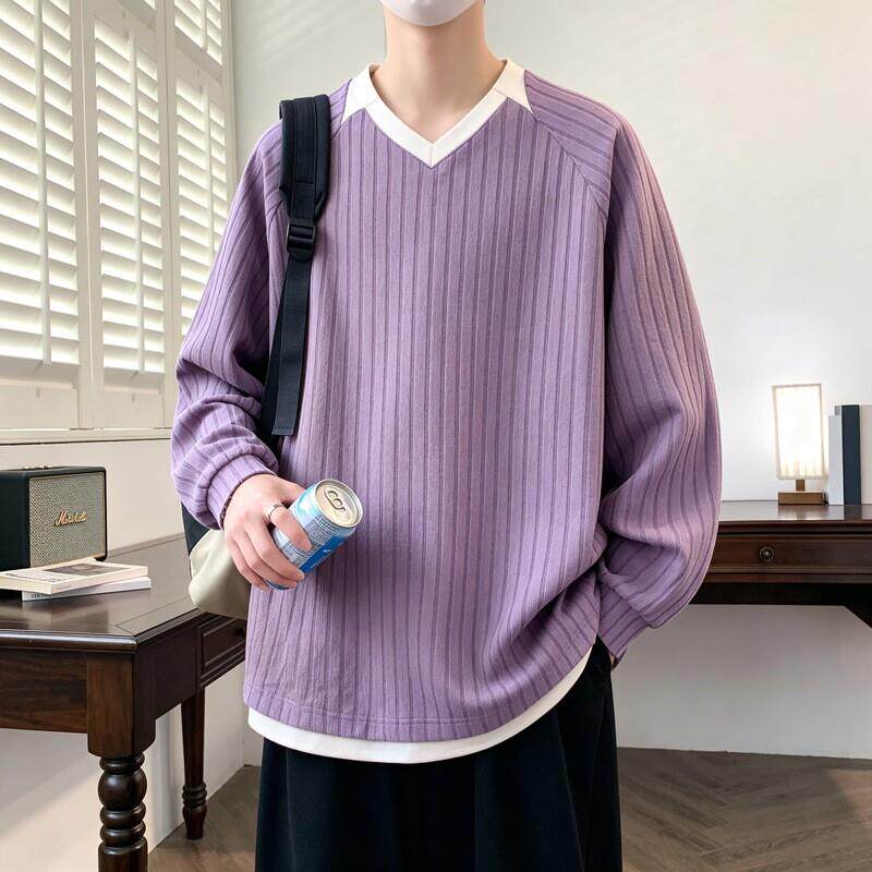 专柜】青少年大码撞色拼接条纹V领卫衣秋季新款时尚百搭休闲上衣