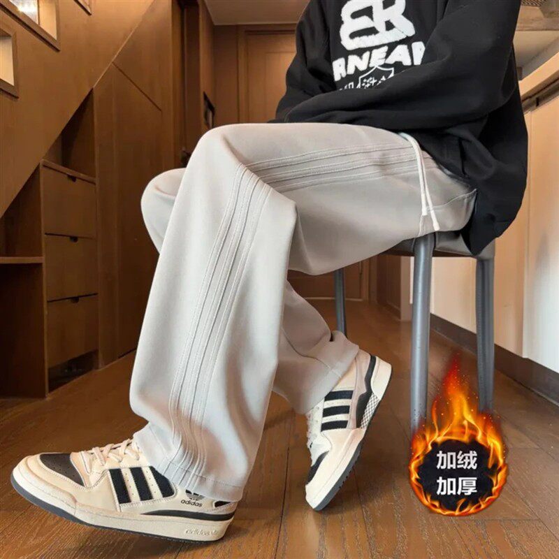 弦湘轻奢男装美式潮流卫裤男生秋冬季运动长裤直筒裤爆暖加绒裤子