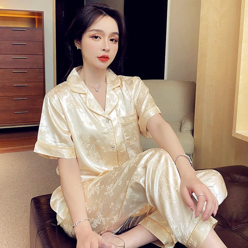 尤纺周百货冰丝睡衣女士夏季s丝绸薄款短袖长裤家居服高级感套装