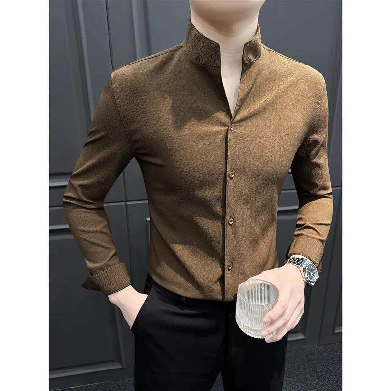 洋乐多严选立领肌理感男士长袖衬衫爆款2026新款高级感商务衬衣
