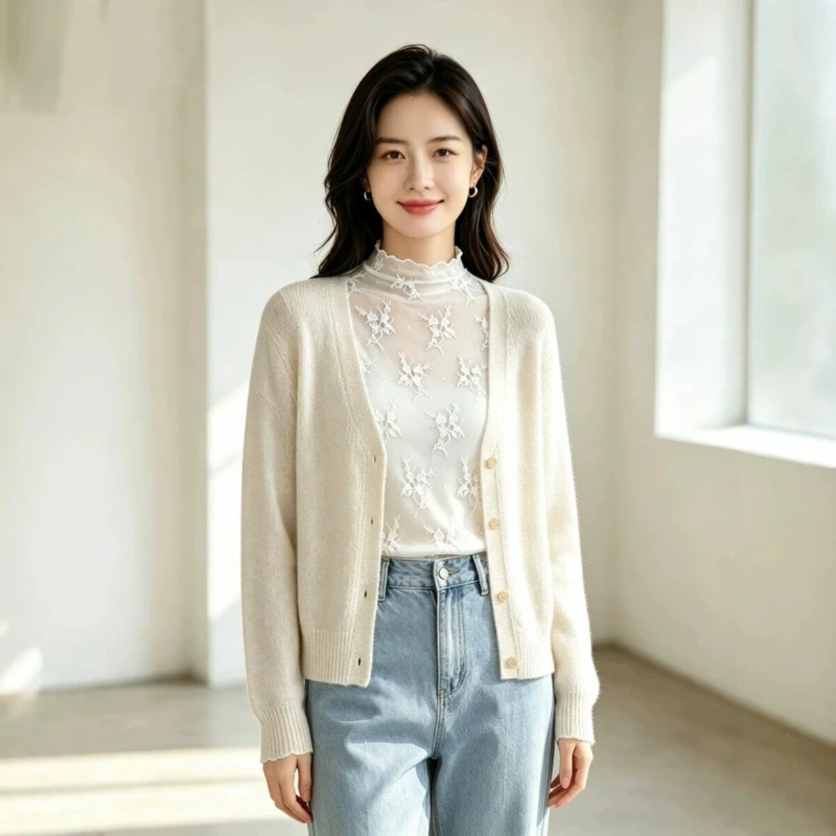 1培韵风尚半高领蕾丝叠穿内搭小衫女秋冬新款透视网纱打底衫女
