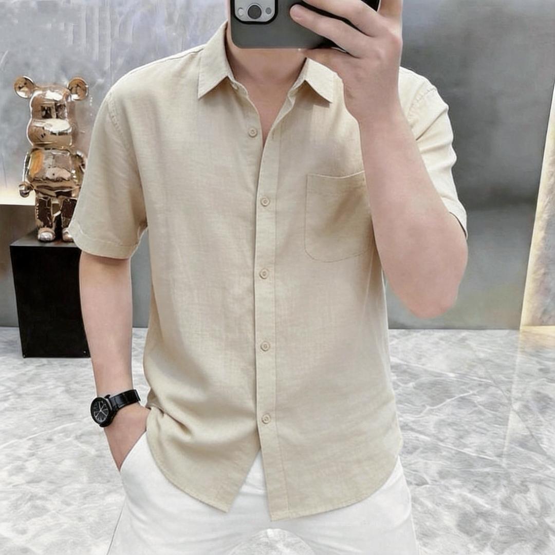 蓝及轻奢高端夏季男士老钱风慵懒风短袖衬衫潮流休闲时尚半袖男装