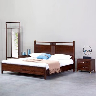 可匠现代新中式乌金木实木床靠背床家用卧室 1.8米双人床婚床简约