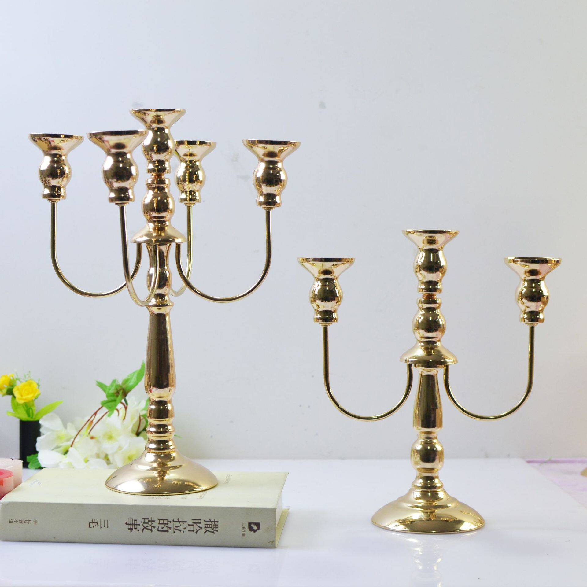 欧式金色电镀摆件酒店婚礼铁艺烛台三头五头浪漫烛光晚餐蜡烛架
