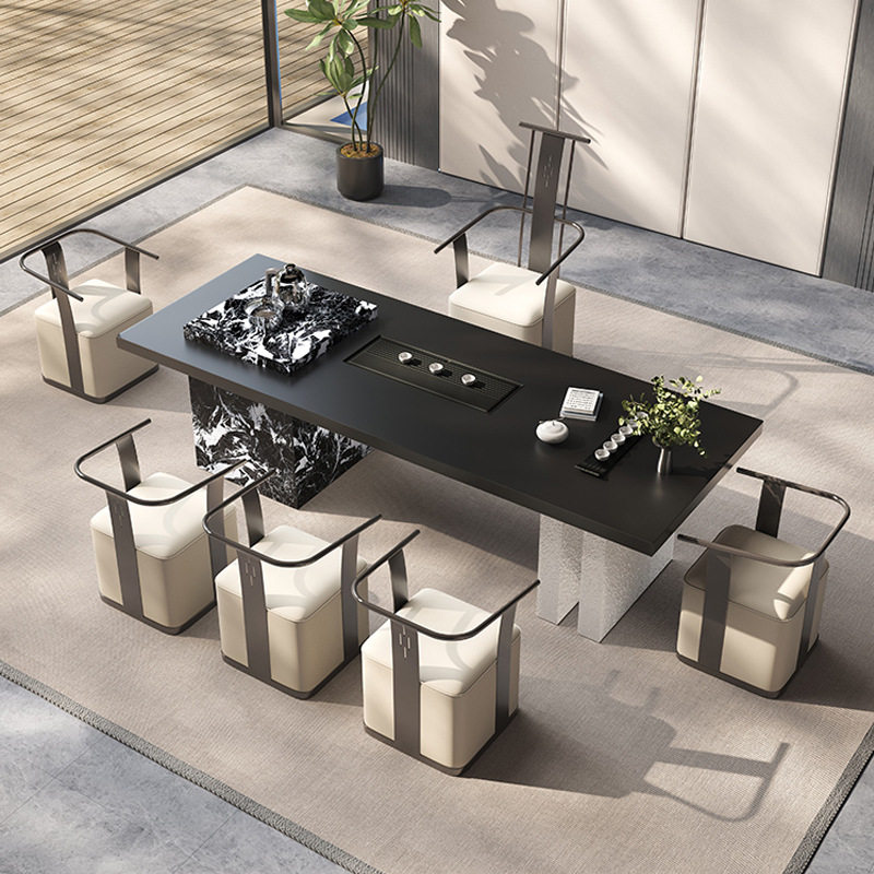 岩板茶桌椅组合轻奢现代高级感纯黑新款高端烧水壶一体嵌入式茶台