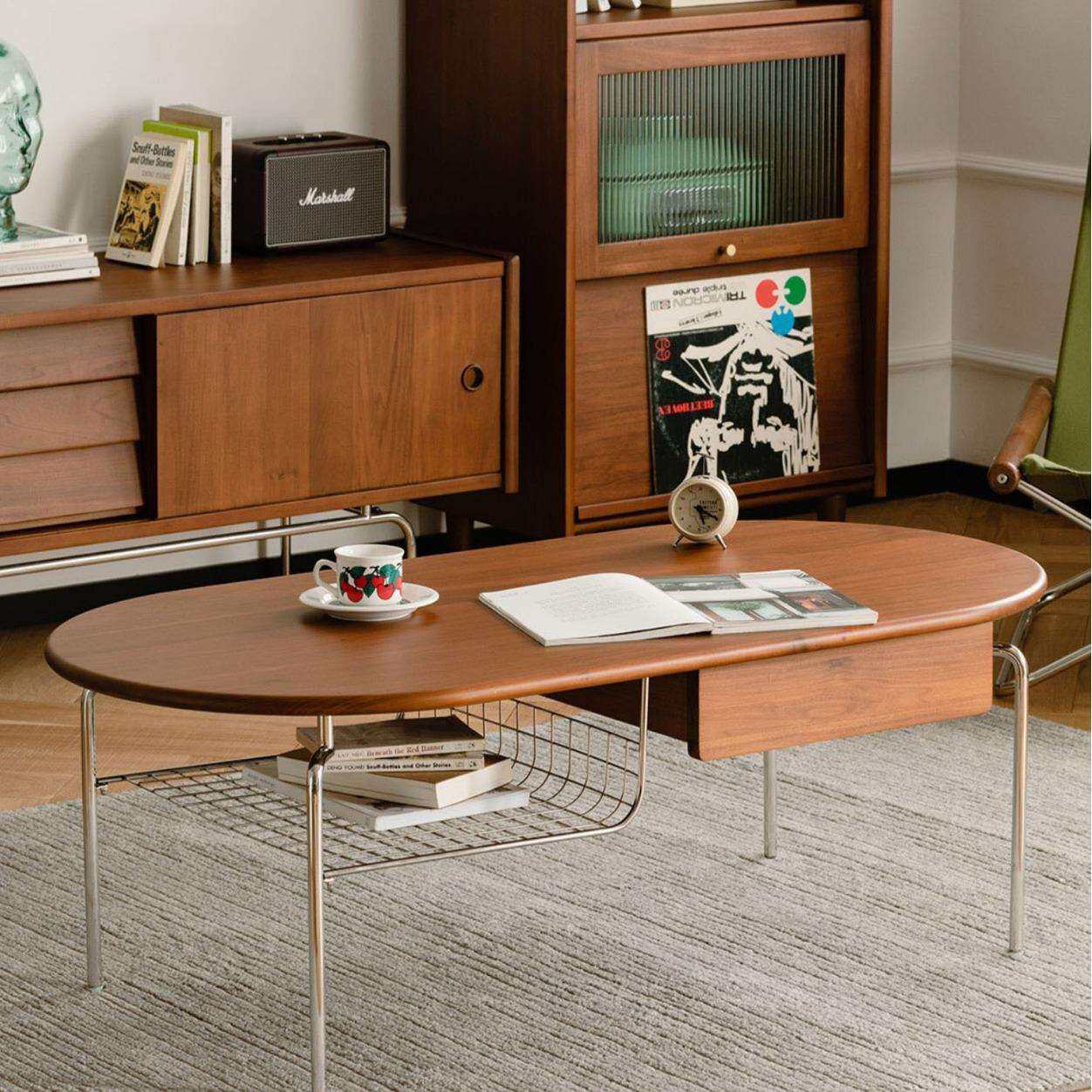 北欧实木茶几家用小户型不锈钢茶桌中古风客厅带抽屉沙发边几