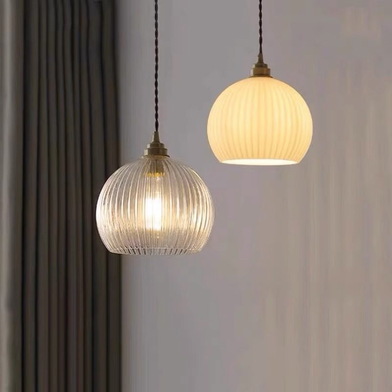 日式简约复古鱼线餐厅餐桌岛台吧台极简玻璃灯罩美式单头吊灯