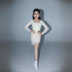 TOP新品 浪漫奶油雏菊专业拉丁丝绒高弹练功服 秋冬原创设计法式
