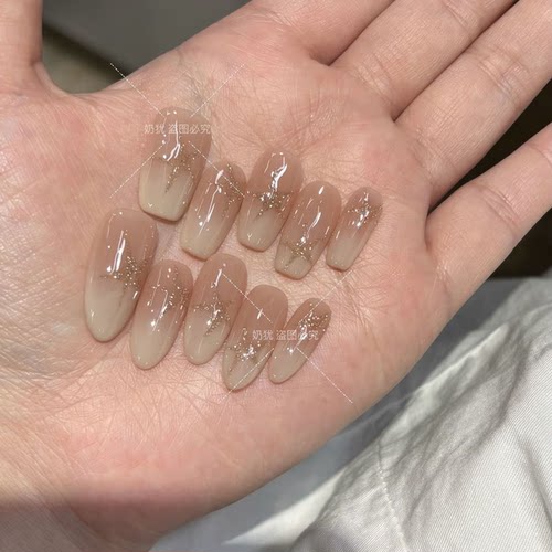 【水星记】纯手工超仙超闪气质香槟碎钻手绘五角星显白美甲穿戴甲