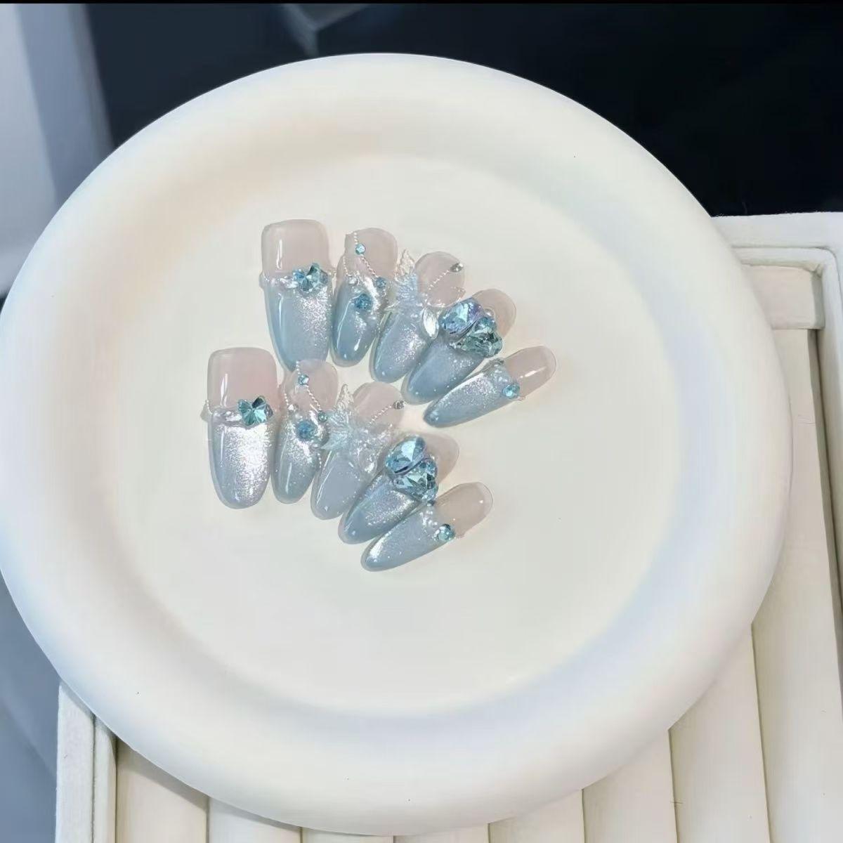 【蓝澈】手工穿戴甲雾里传说显白纯欲微笑轻奢歪心钻猫眼法式蝴蝶