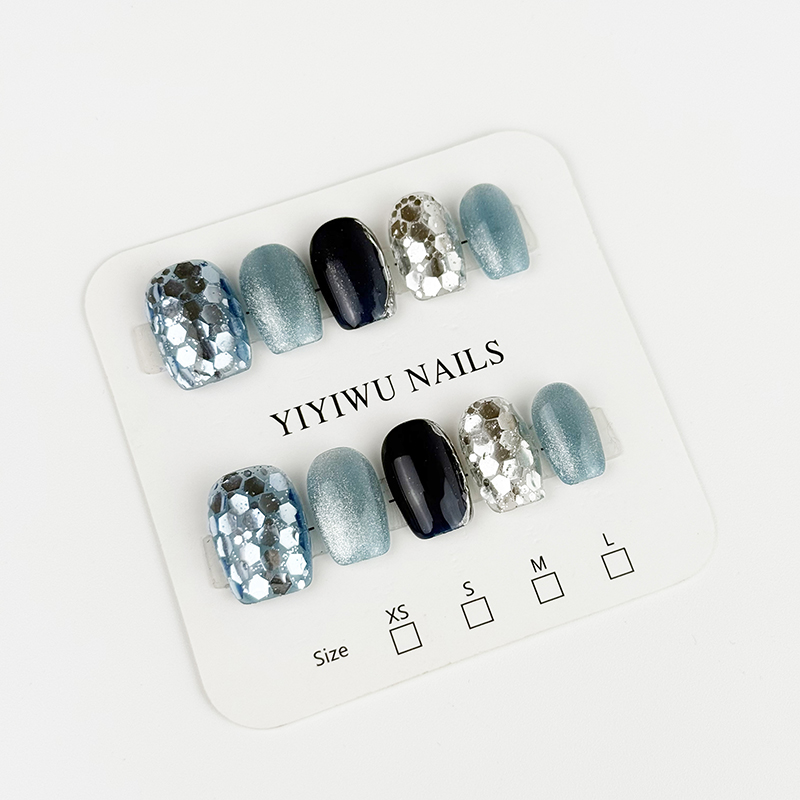 小众设计感蓝色闪粉穿戴甲片猫眼亮片美甲甲片多尺寸可选