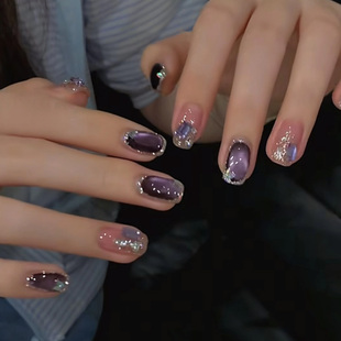 卡佩尔手工穿戴甲紫色闪粉短款美甲成品假指甲贴片高级感
