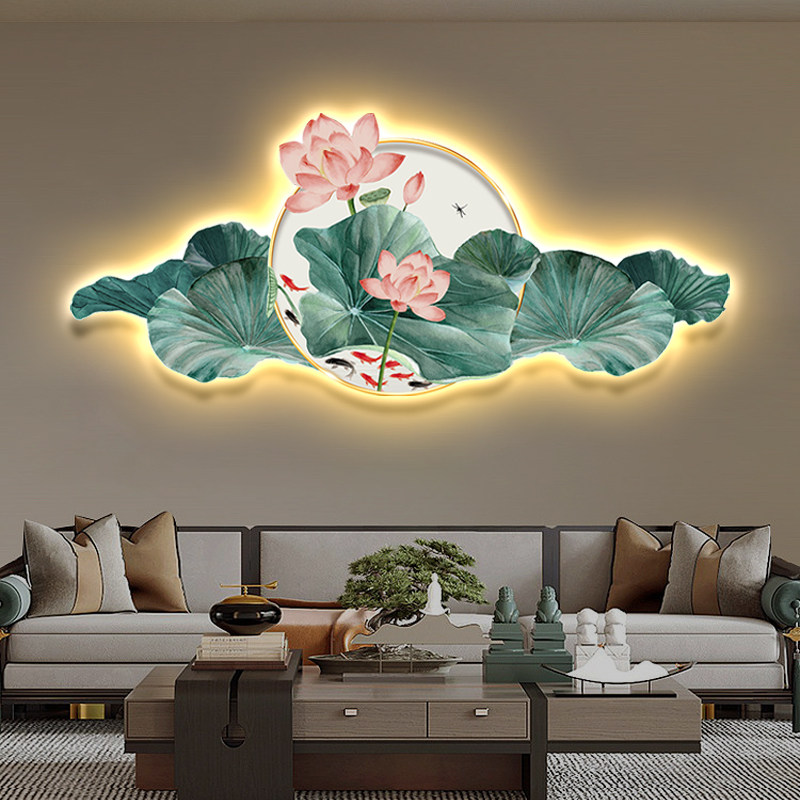 新中式客厅装饰画led发光高级创意沙发背景墙壁荷花九鱼图挂画