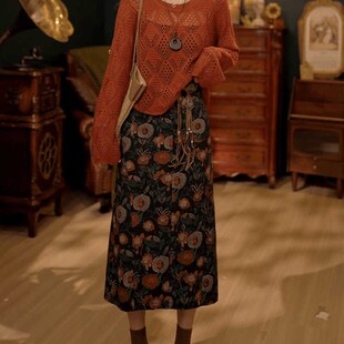 扣子家港风复古碎花半身裙女秋季高腰显瘦中长款气质百搭开叉裙子