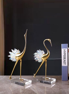 轻奢透明水晶仙鹤摆件金属水晶底座高档卧室玄关家居软装装饰品