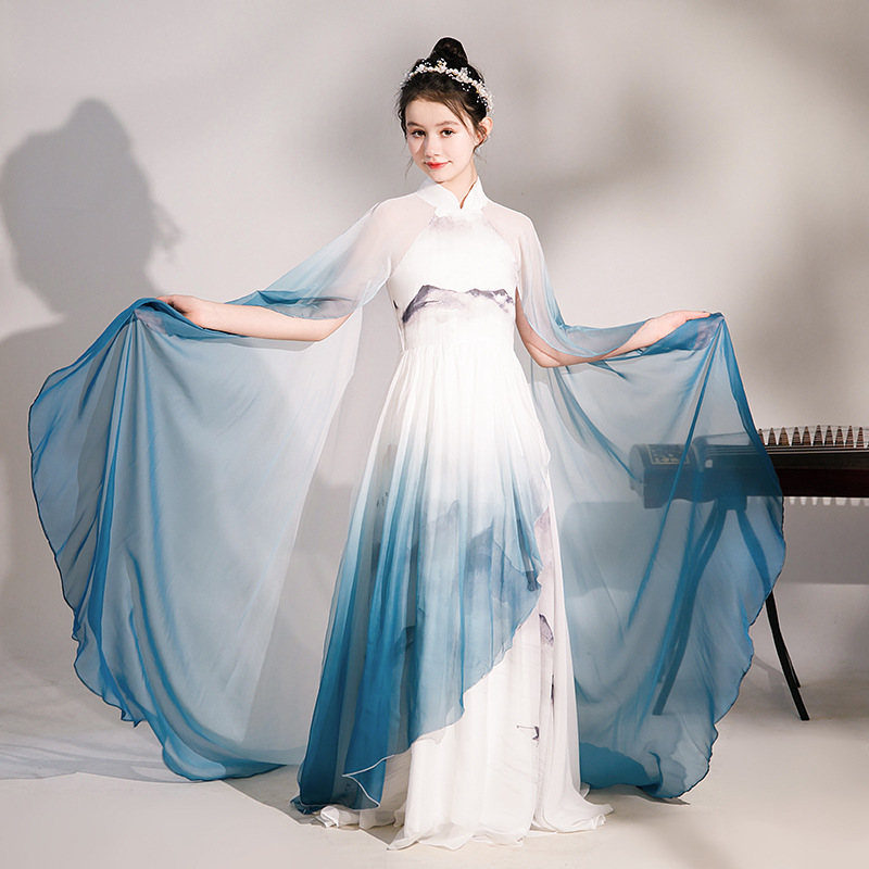 女童弹古筝演出服中国风艺考民乐演奏表演服水墨千里江山儿童礼服