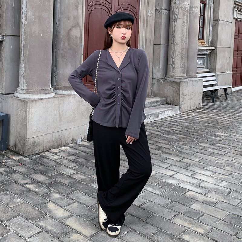 微胖热辣上衣大码女装灰色衬衫胖妹妹衬衣内搭胖mm毛衣打底衫秋衣